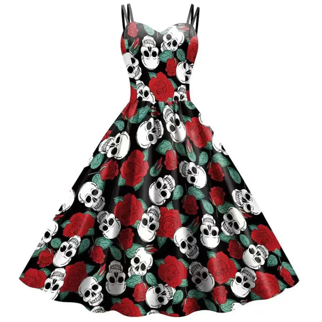 Christina - Skeleton Print Swing Dress — Black 3