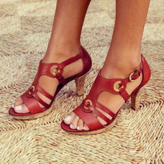 Stephanie - T Strap Kitten Heel Sandals — Red, Rosso