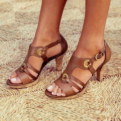 Stephanie - T Strap Kitten Heel Sandals — Brown, Marrone