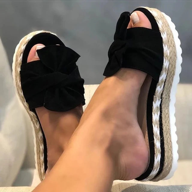 Theodora - Bow Espadrille Slides — Black