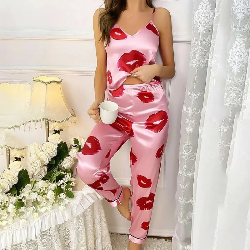 Christina - Lip Print Satin Pyjamas