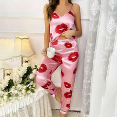 Christina - Lip Print Satin Pyjamas