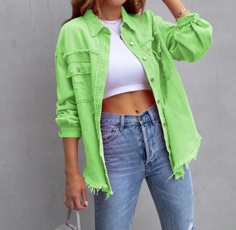 Billie - Frayed Denim Jacket — Light Green