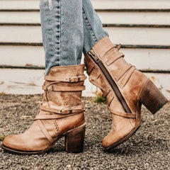 Fenella - Slouch Boots with Straps — Khaki