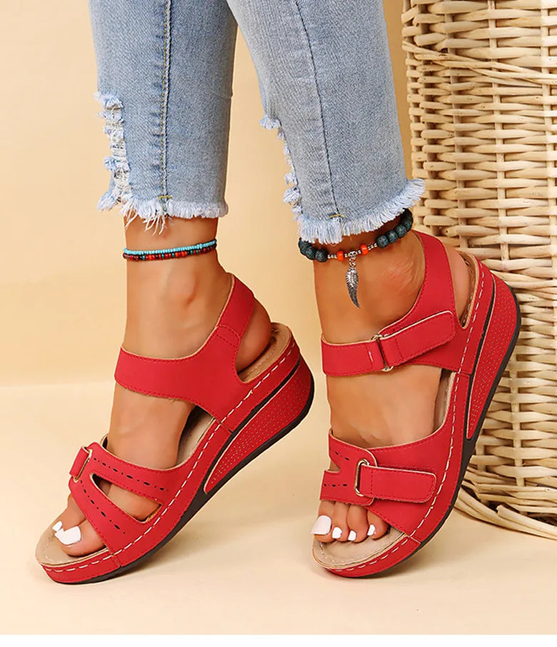 Evangeline - Velcro Wedge Comfort Sandals — Red