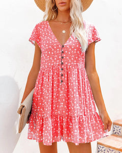 Isla - Ditsy Button Smock Dress — Red