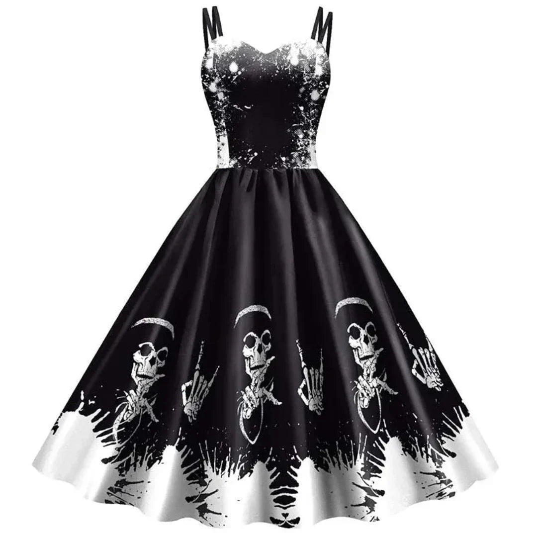 Christina - Skeleton Print Swing Dress — Black 4
