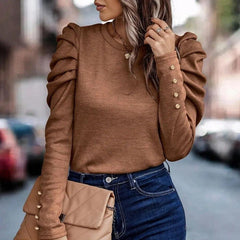 Charlotte - Puff Sleeve Button Top — Brown