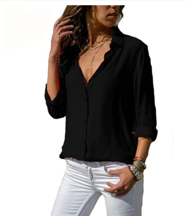 Dominique - Satin Shirt with Buttons — Black