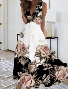Stephanie - Butterfly Print Halter Maxi — Black/White Roses