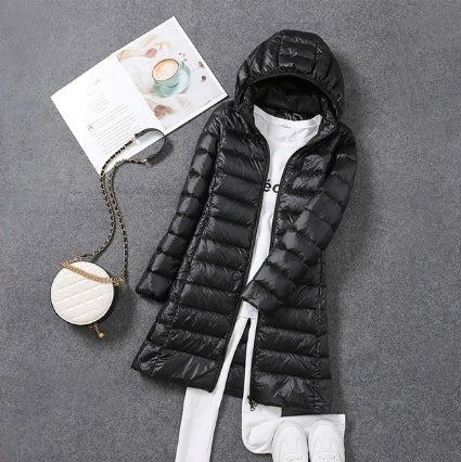 Jasmine - Lightweight Hooded Puffer Coat — Black