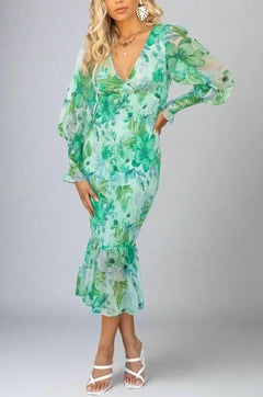 Victoria - Floral Chiffon Midi Dress — Green