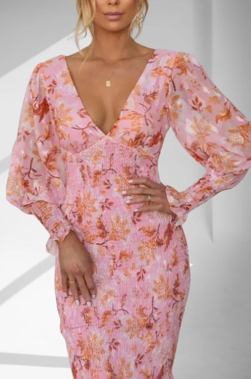 Victoria - Floral Chiffon Midi Dress — Pink