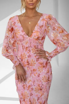 Victoria - Floral Chiffon Midi Dress — Pink