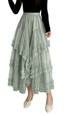 Clementine - Tiered Tulle Maxi Skirt — Green