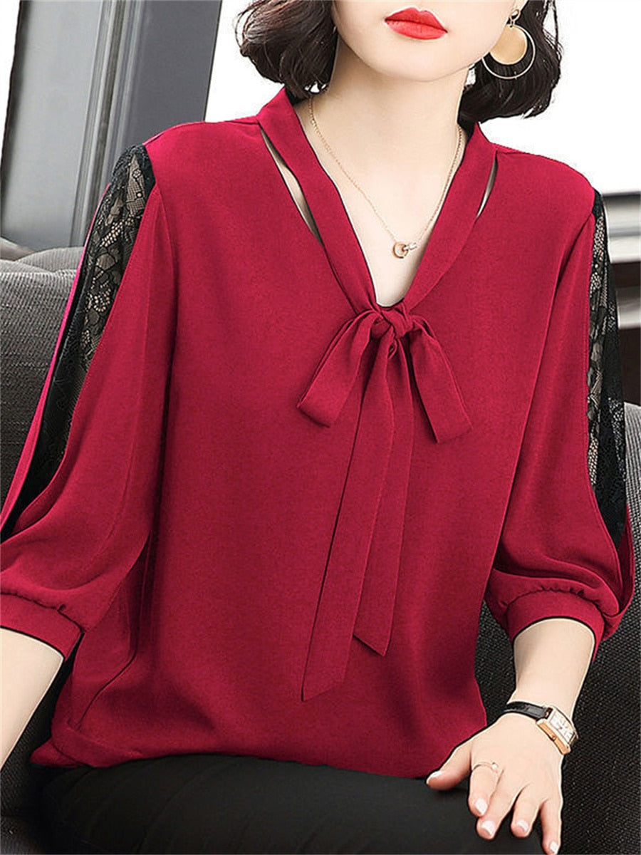 Lily - Bow Blouse with Lace Sleeves — Red