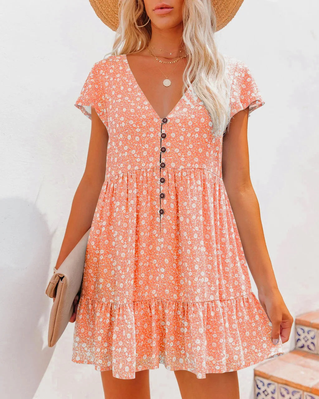Isla - Ditsy Button Smock Dress — Orange