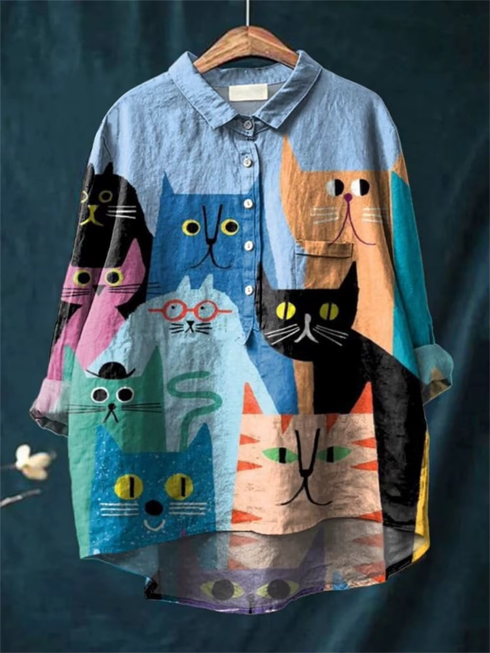 Maryanne - Cat Art Print Blouse — Blue