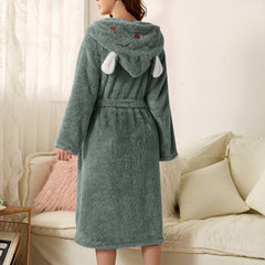 Anastasia - Fluffy Hooded Bathrobe — Green - Rabbit