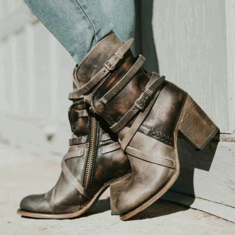 Fenella - Slouch Boots with Straps — Dark brown