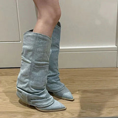 Stacey - Denim Knee High Boots