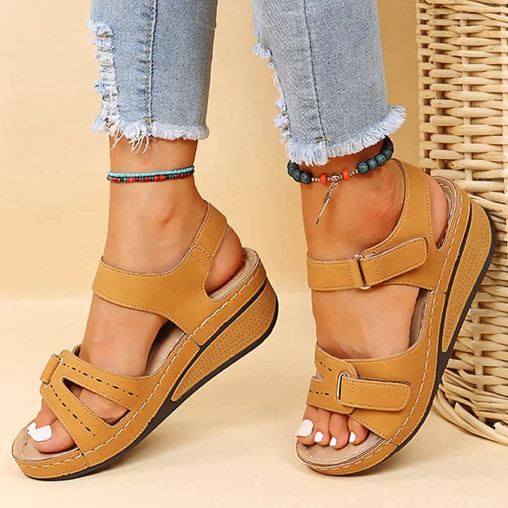 Philippa - Velcro Wedge Sandals — Brown