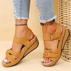 Philippa - Velcro Wedge Sandals — Brown