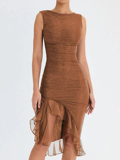 Susannah - Ruched Ruffle Hem Midi — Brown