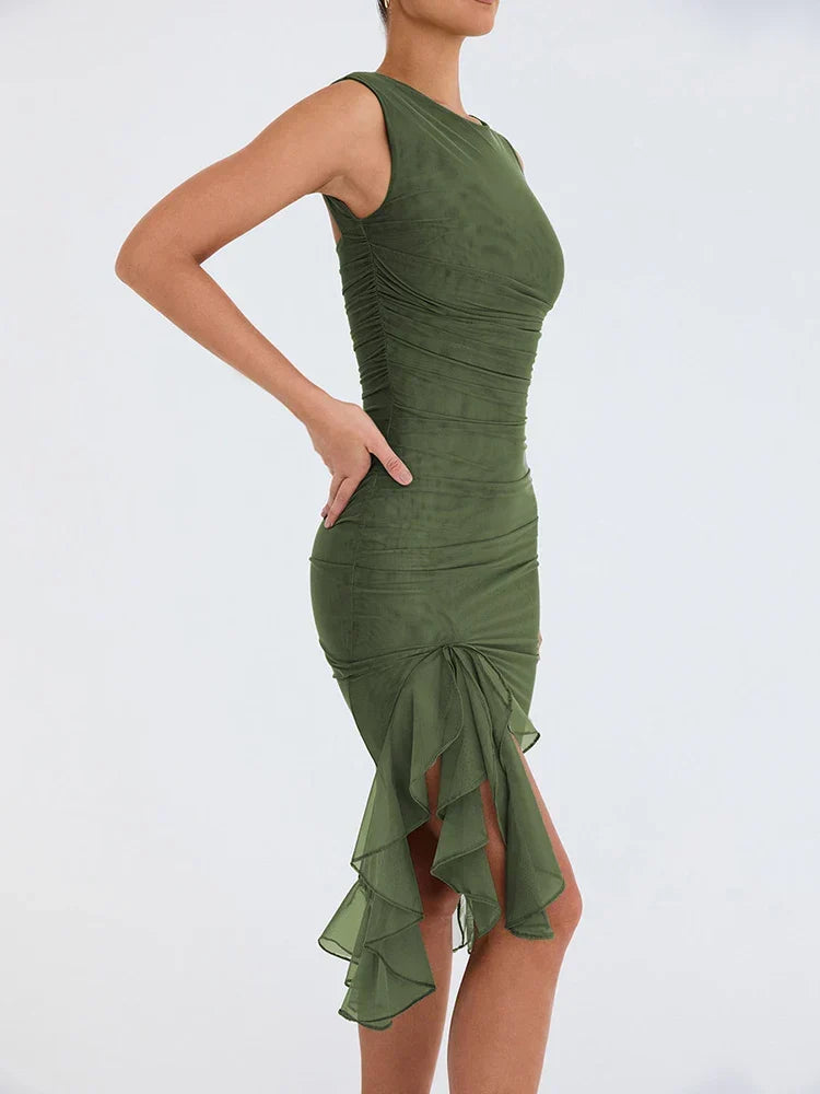 Susannah - Ruched Ruffle Hem Midi