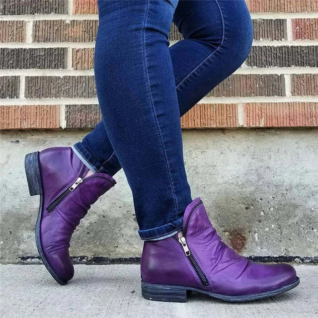 Christina - Leather Ankle Boots with Zip — Purple