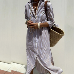 Dominique - Striped Long Shirt Dress — Khaki