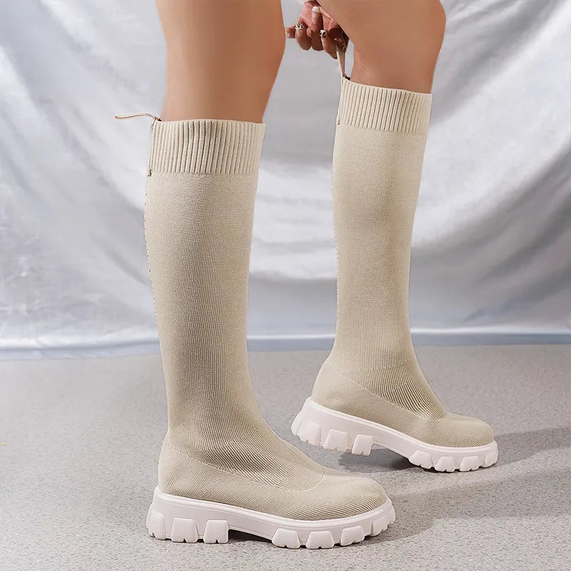 Matilda - Knit Knee High Sock Boots — Cream