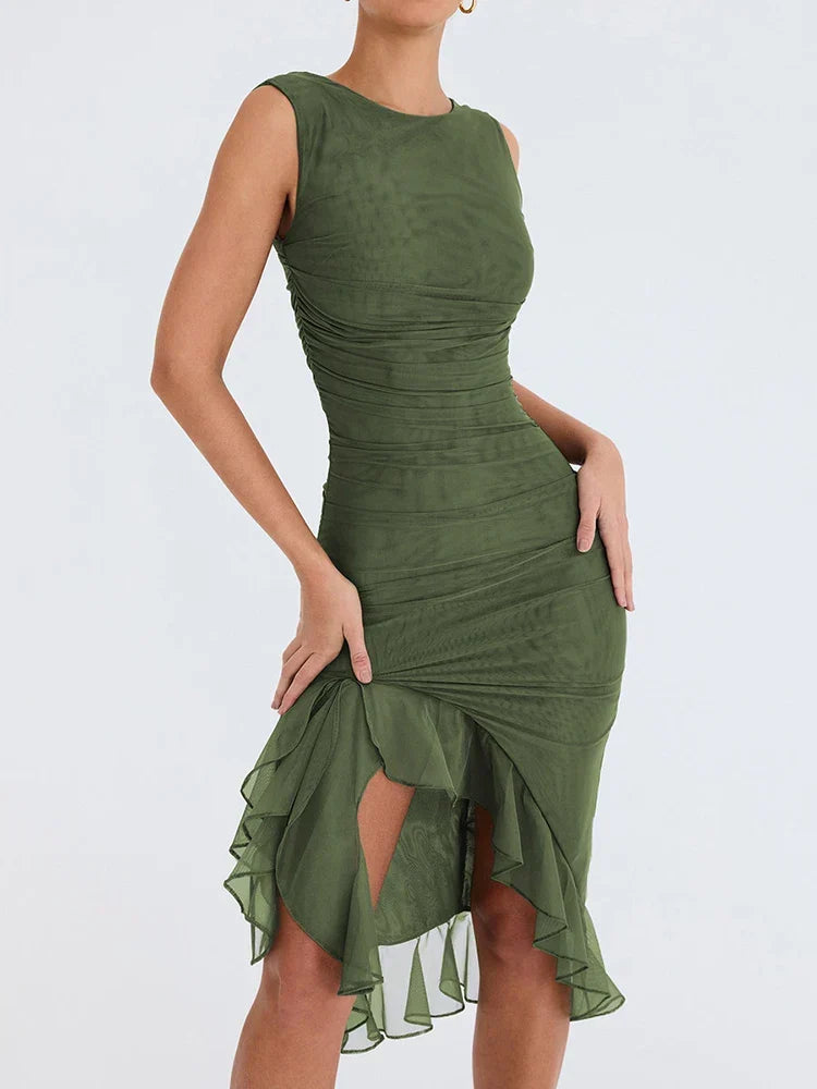 Susannah - Ruched Ruffle Hem Midi