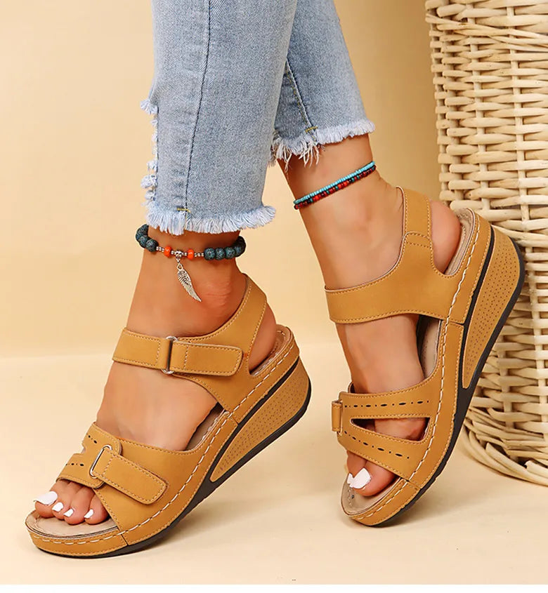Evangeline - Velcro Wedge Comfort Sandals — Brown
