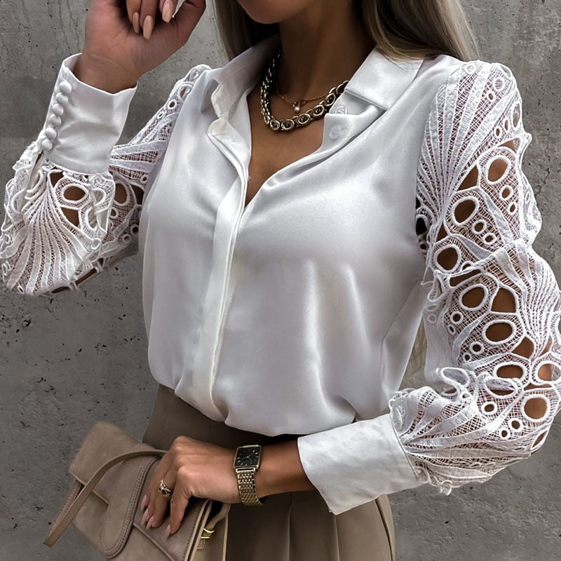 Stephanie - Satin Blouse with Lace Sleeves — White