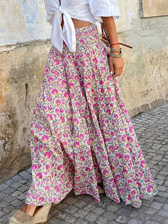 Evangeline - Floral Tiered Maxi Skirt — Pink