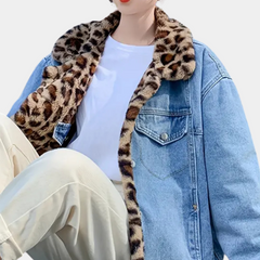 Whitney - Denim Jacket with Leopard Collar