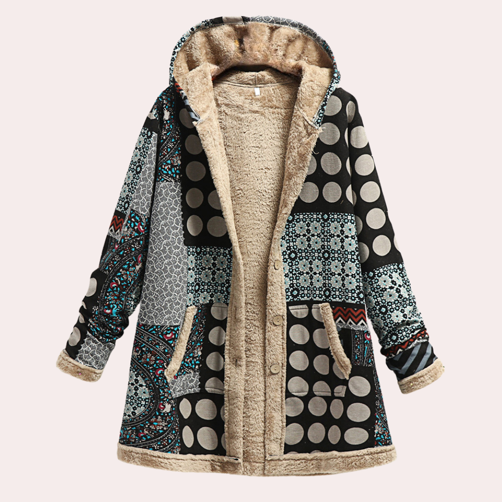 Scarlett - Patchwork Print Hooded Coat — Grey