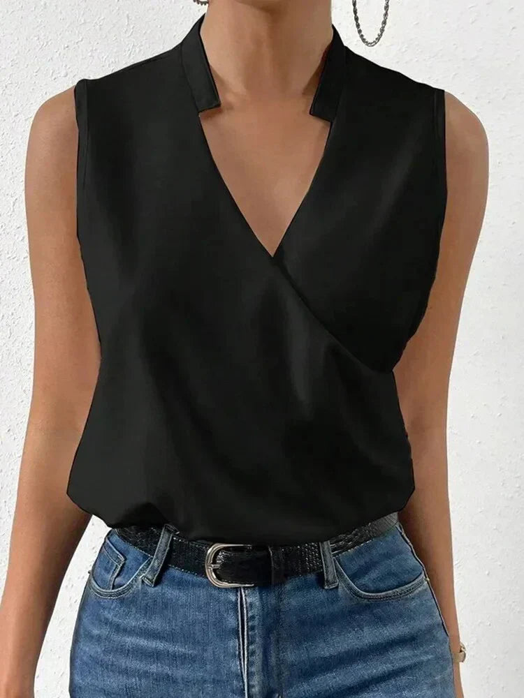 Nora - Wrap Front Sleeveless Top — Black