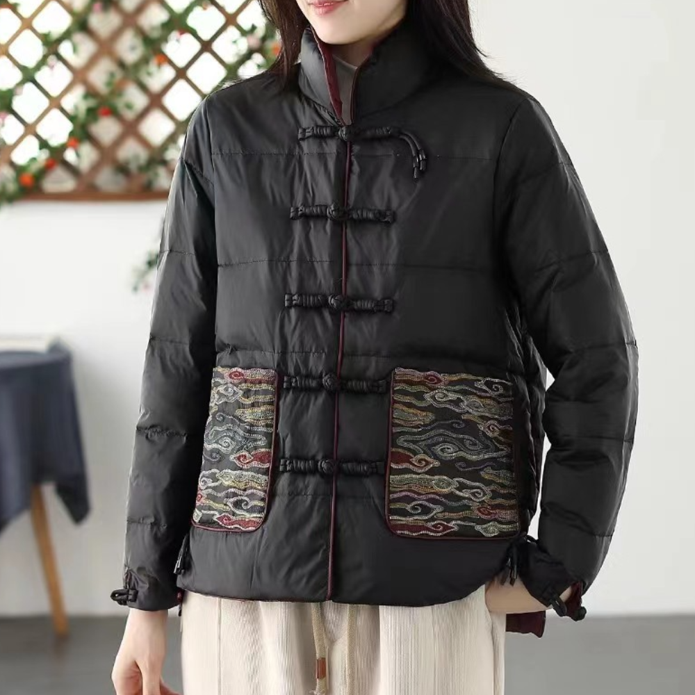 Tabitha - Padded Jacket with Brocade Panel — Black