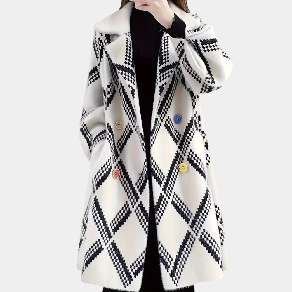 Bridget - Argyle Print Long Coat — White