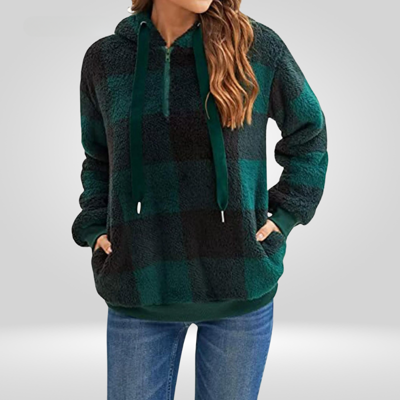 Constance - Buffalo Check Sherpa Hoodie — Dark Green