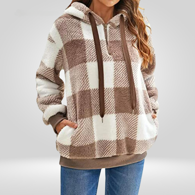 Constance - Buffalo Check Sherpa Hoodie — Beige