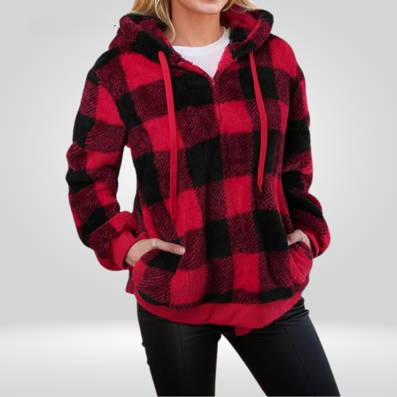Constance - Buffalo Check Sherpa Hoodie — Red