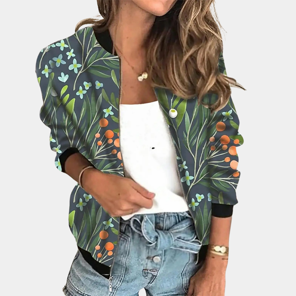 Sophia - Botanical Print Bomber — Green-flowered
