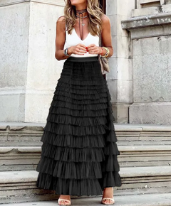 Jacqueline - Tiered Pleated Maxi Skirt — Black