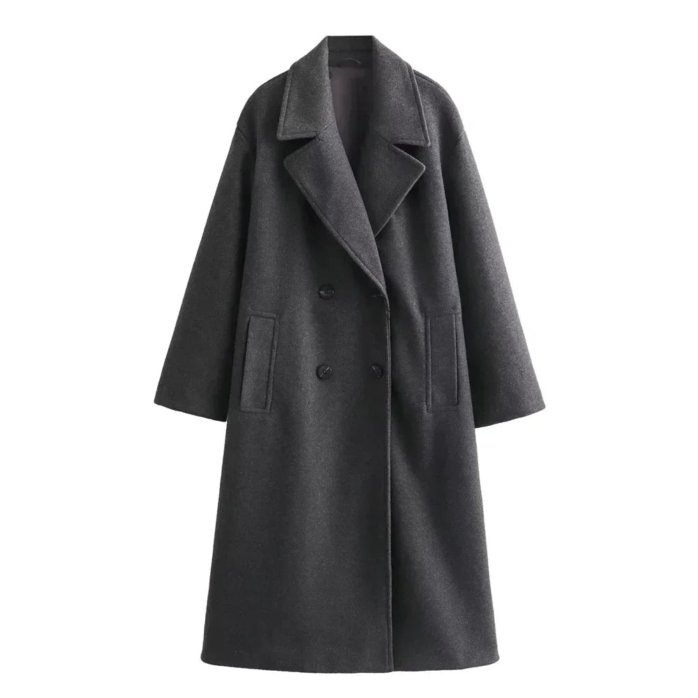 Aria - Long Double Breasted Wool Coat — Grey