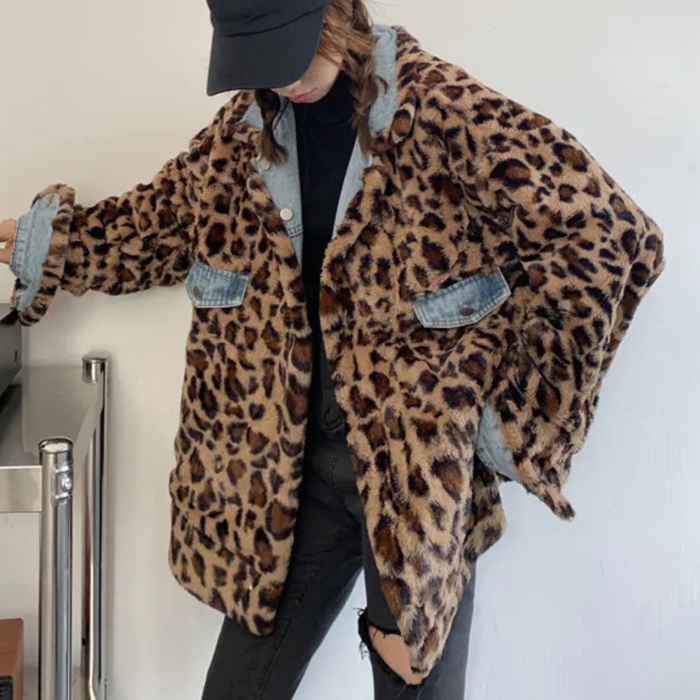 Whitney - Denim Jacket with Leopard Collar