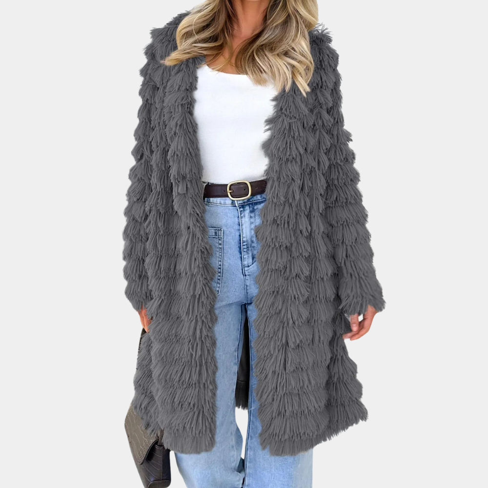 Lavender - Fringed Fluffy Long Cardigan — Grey