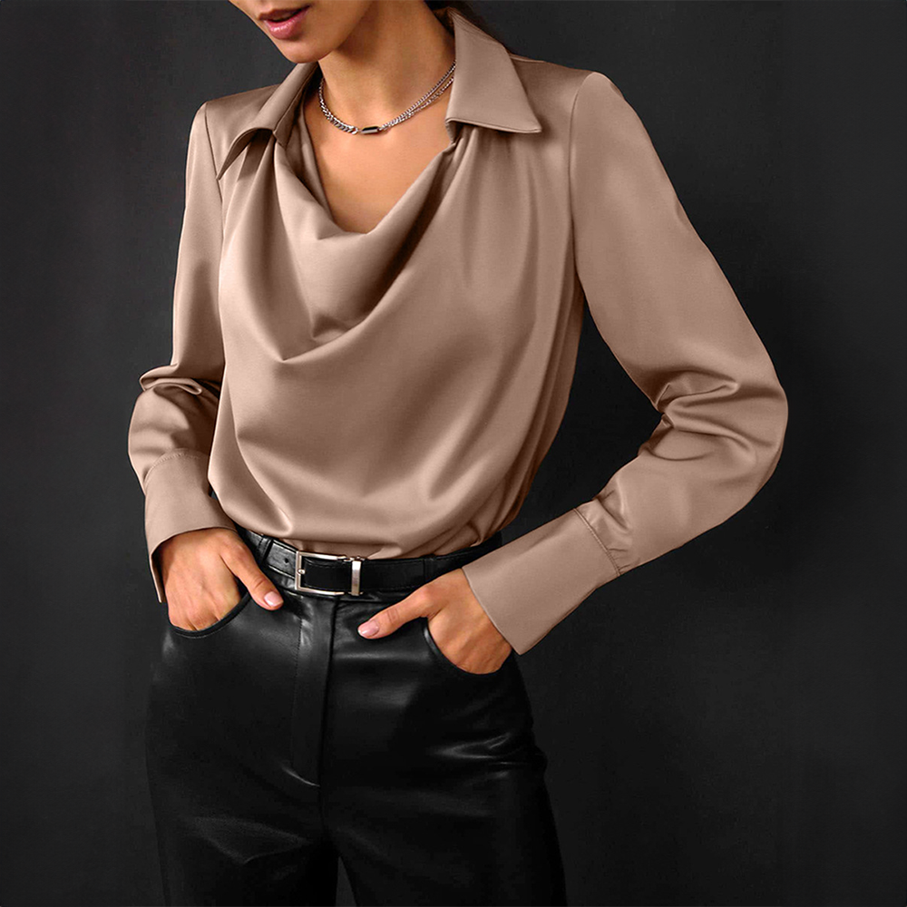 Nadine - Satin Cowl Neck Blouse — Brown